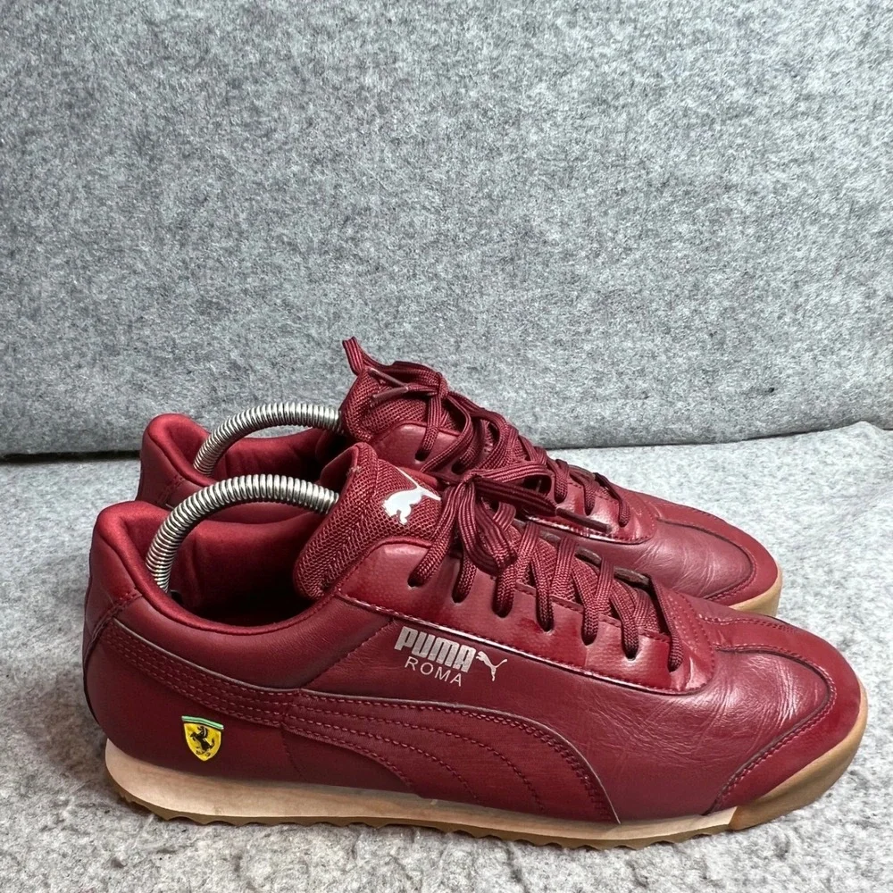 Puma Roma Scuderia Ferrari Mens Burgundy Leather Sneakers Shoes Gum Sole Size 10